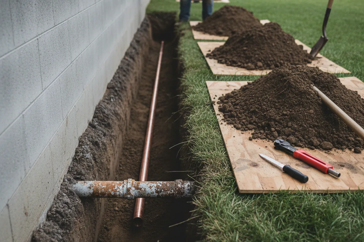 Excavated water line trench during Water Softener Installation in Ione